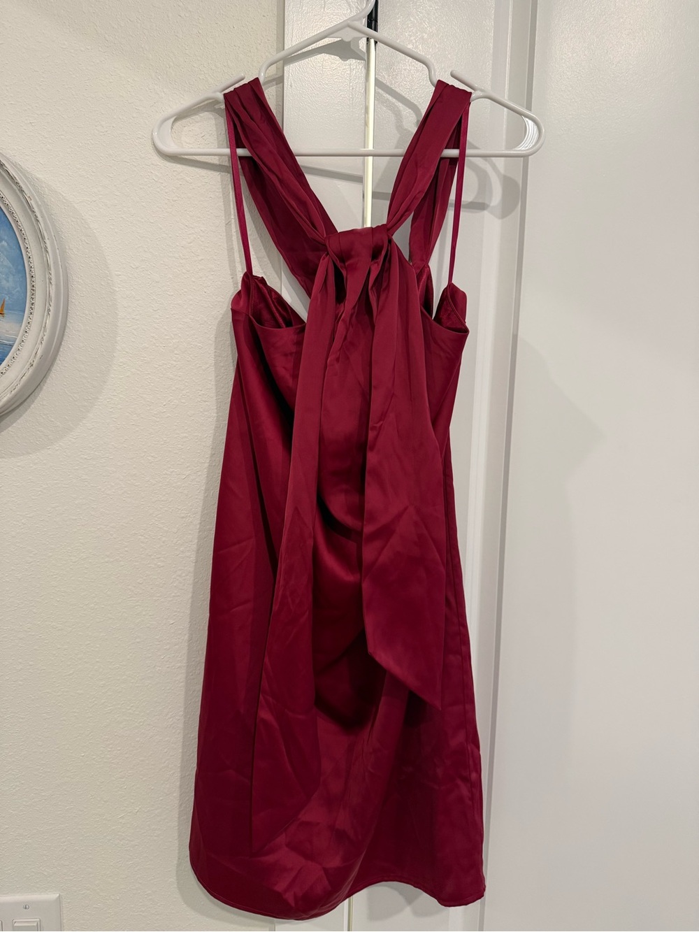 NWT Women's Burgundy Tie-Back Satin Mini Dress